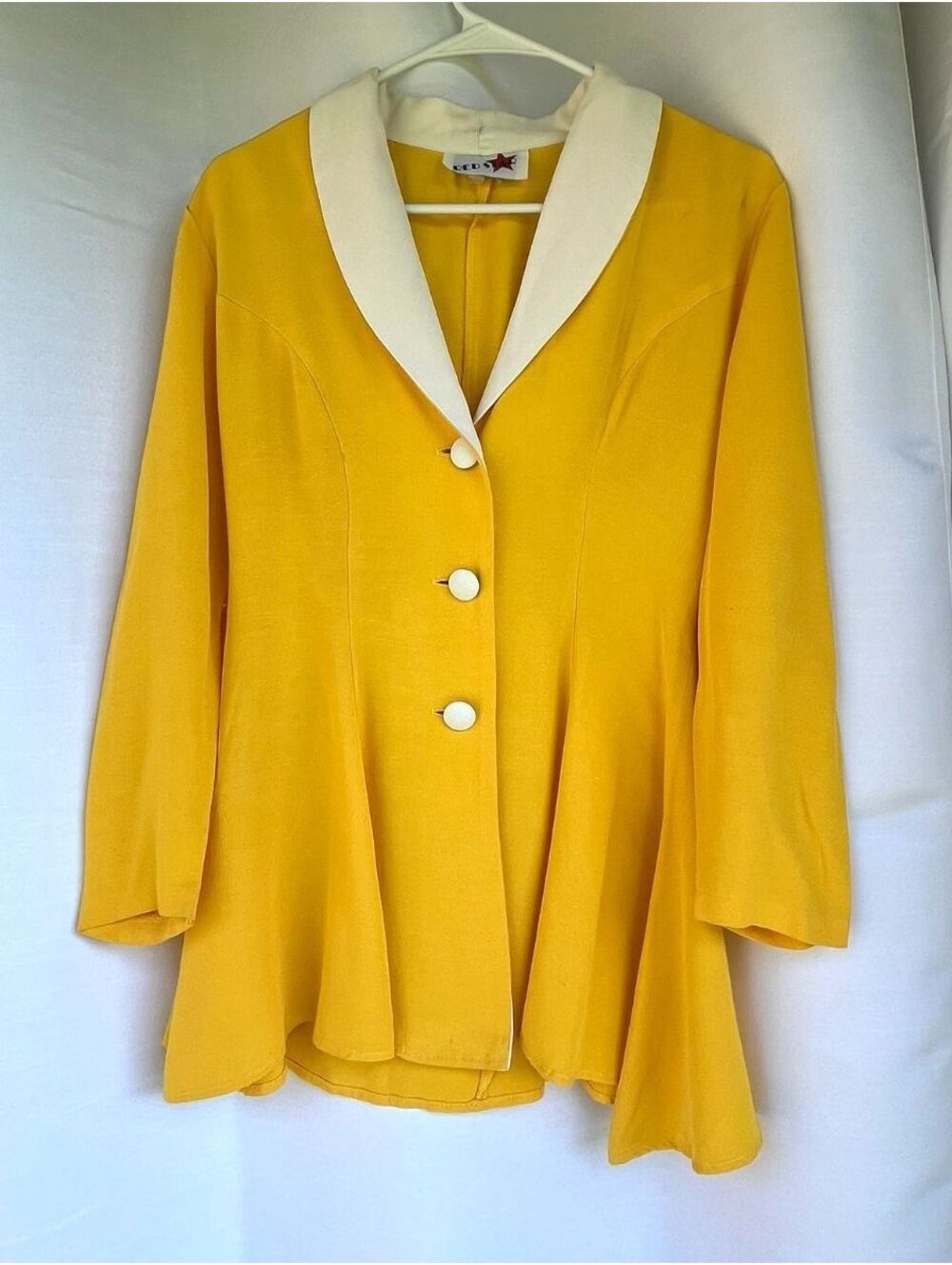 Vintage 80s Red Star Yellow Ivory Collar Fitted Peplum Blazer Jacket Sz 3